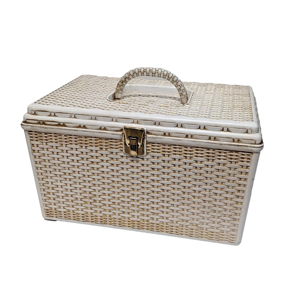 Vintage‎ Sewing Box Wilson Wil-Hold Basket Weave Design White & Gold NO TRAYS